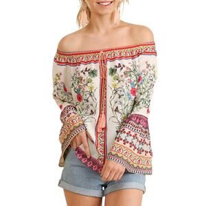 Umgee Boho Top Womens M Off The Shoulder Floral Forest Fairy Bell Sleeve
